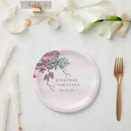 Prato De Papel Casamento de Inverno com Aquarela de Pinhas, Pássa
