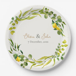 Prato De Papel Casamento de Limão com Aquarela Amarela e Verde de