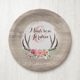 Prato De Papel Casamento de Madeira Rustic Wood Floral Antlers Pe