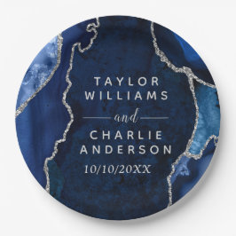 Prato De Papel Casamento de mármore marinho Blue e Silver Agate