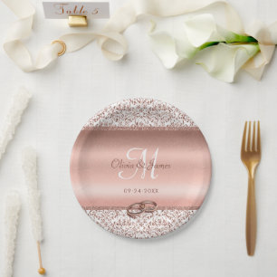 Prato De Papel Casamento de Monograma Dourado com Damask Elegante