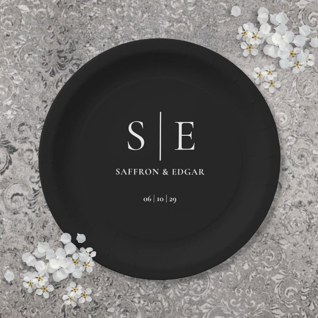Prato De Papel Casamento De Monograma Elegante Preto E Branco (Black And White Elegant Monogram Wedding Paper Plates)