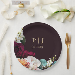 Prato De Papel Casamento de Monograma Floral Dourado Elegante Bur
