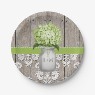 Prato De Papel Casamento de Monogrammed Mason Jar Green Hydrangea
