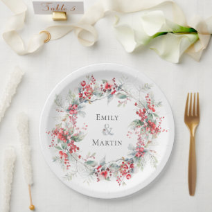 Prato De Papel Casamento de Natal de Red Berries Poinsettias Wrea