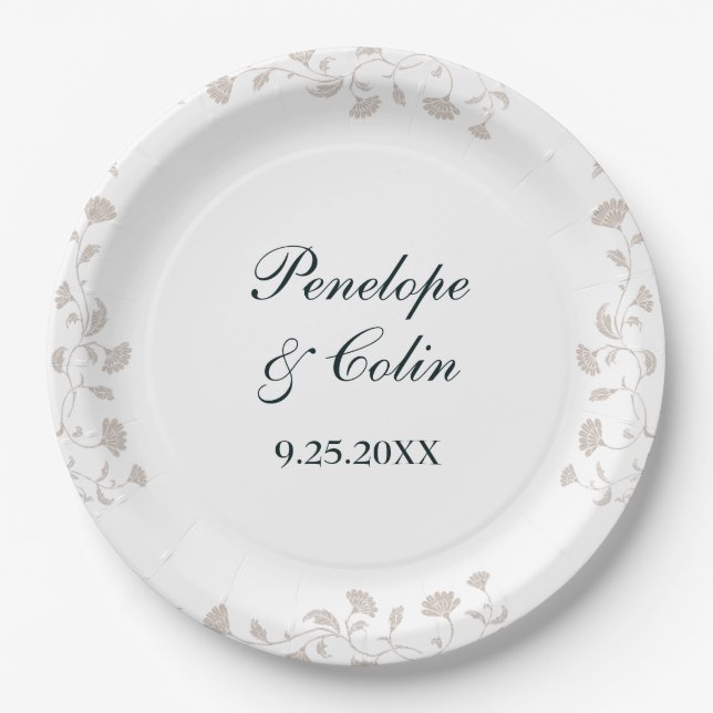 Prato De Papel Casamento de Nomes de Noivas de Beige, Elegante Vi (Frente)