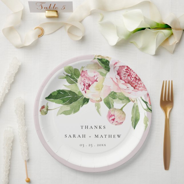Prato De Papel Casamento de Obrigados Florais Elegante de Peonia  (Casamento)