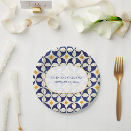 Prato De Papel Casamento de Padrão Português Azul e Amarelo