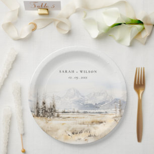 Prato De Papel Casamento de Paisagem em Aquarela de Jackson Hole