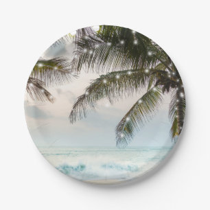 Prato De Papel Casamento de Palmeiras e Luzes do Oceano de Praia