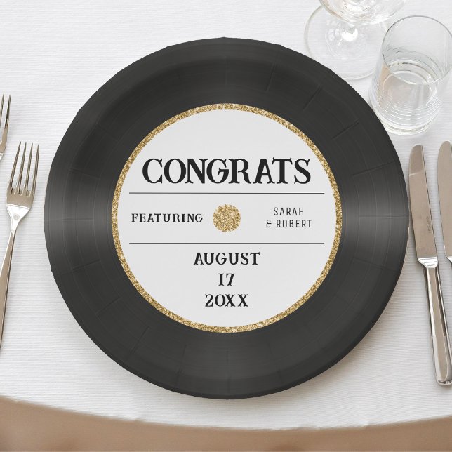 Prato De Papel Casamento de Parabéns pelo Registro de Vinilo Glit (Retro Gold Glitter Vinyl Record Congrats Wedding Paper Plates
)