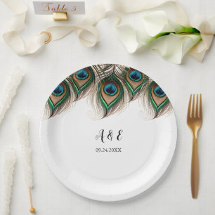 Prato De Papel Casamento de Penas de Peacock Elegante