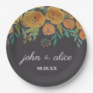 Prato De Papel Casamento de Peões Amarelos e Marrons e Rosas