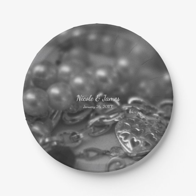 Prato De Papel Casamento de Pérolas Negras e Brancas (Frente)