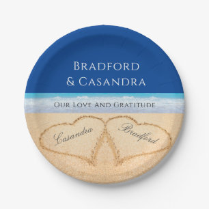 Prato De Papel Casamento de Praia Azul Escura 2 Corações no Papá