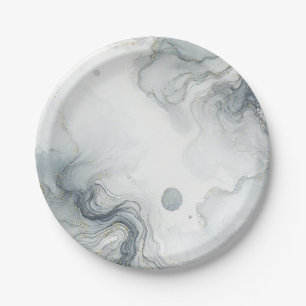 Prato De Papel Casamento de Praia em Aquarela Azul Cinza e Dourad