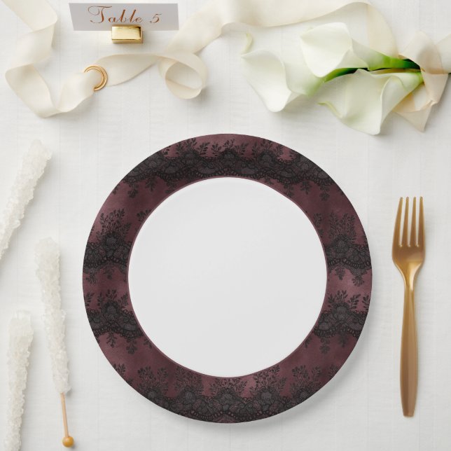 Prato De Papel Casamento de Renda Falsa Preta Borgonha (Casamento)