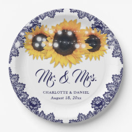 Prato De Papel Casamento de Renda Floral Girassol Azul Marinho