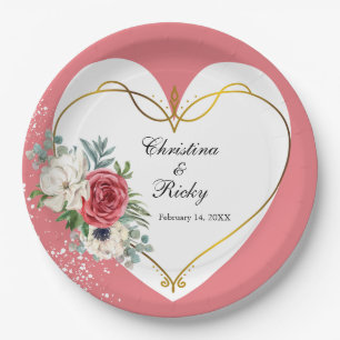 Prato De Papel Casamento de Rosa Rosa e Branca Elegante