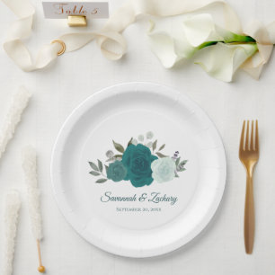 Prato De Papel Casamento de Rosas Boho Chic em Aquarela Azul Turq