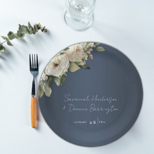 Prato De Papel Casamento de Rosas de Boho Azul Elegante Dusty