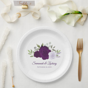 Prato De Papel Casamento de Rosas de Plumagem Roxa Boho Aquarela