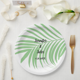 Prato De Papel Casamento de Sage Green Tropical Palm Tree Leaf Cu
