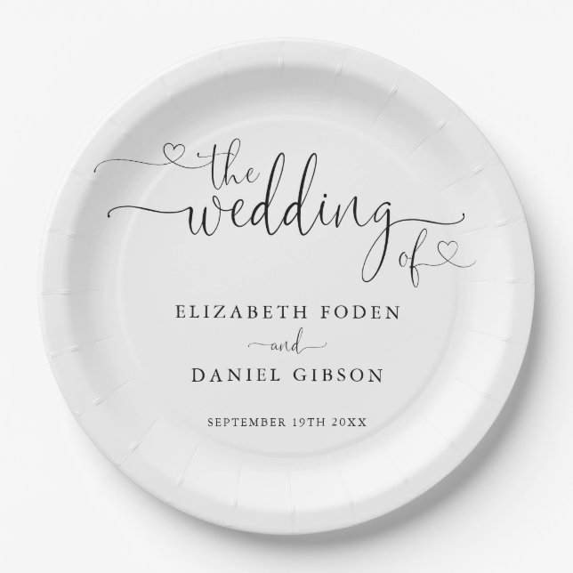 Prato De Papel Casamento De Script De Coração Preto E Branco (Frente)