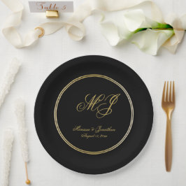 Prato De Papel Casamento de Script Dourado Monograma Preto Elegan