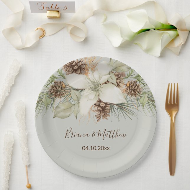 Prato De Papel Casamento de Script Elegante de Beige de inverno (Casamento)