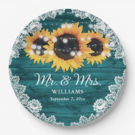 Prato De Papel Casamento de Teal Rustic Wood Lace Sunflower
