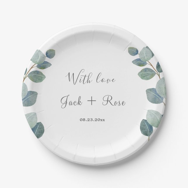 Prato De Papel Casamento de Verão de Eucalyptus Greenery Rustic. (Frente)