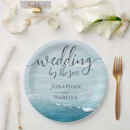 Prato De Papel Casamento de verão pelo mar azul ondulado, ombre o