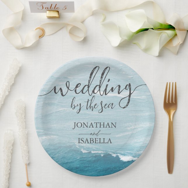 Prato De Papel Casamento de verão pelo mar azul ondulado, ombre o (Casamento)