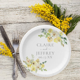 Prato De Papel Casamento de Verão Verde de Sage Floral Amarelo De