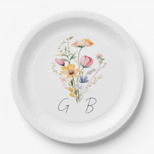 Prato De Papel Casamento de Watercolor Meadow Wildflower Monogram