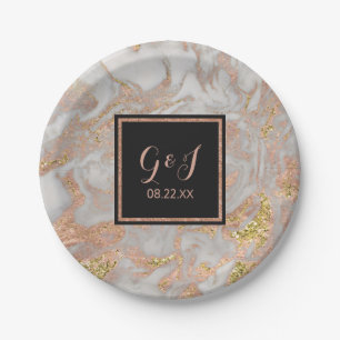 Prato De Papel Casamento do Monograma Dourado de Mármore Modern F