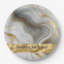 Prato De Papel Casamento Dourado, Branco e Cinza Marmoreado
