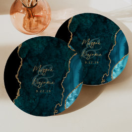 Prato De Papel Casamento Dourado com Script Teal Blue Agate