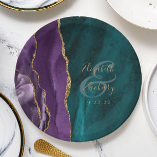 Prato De Papel Casamento Dourado com Teal Roxo de Script de Agato