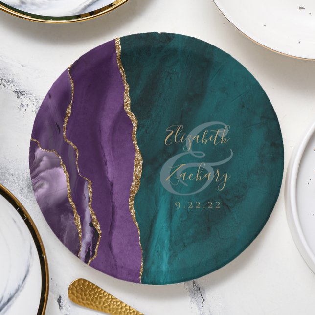 Prato De Papel Casamento Dourado com Teal Roxo de Script de Agato (Criador carregado)