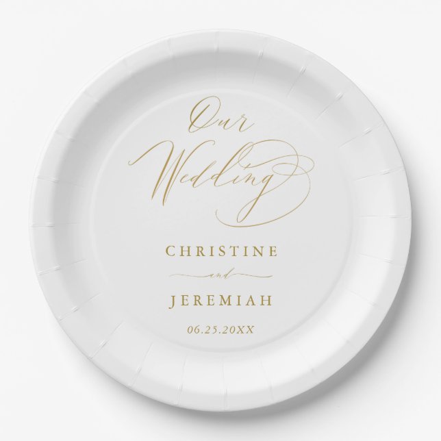 Prato De Papel Casamento Dourado de Script Moderno Branco Simples (Frente)
