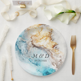 Prato De Papel Casamento Dourado E Azul De Luxo