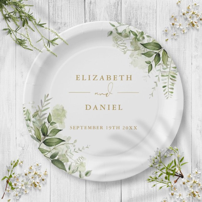 Prato De Papel Casamento Dourado Elegante Elegante Verde (Greenery Floral Elegant Modern Gold Wedding Paper Plates)