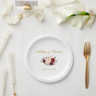 Prato De Papel Casamento Dourado Floral de Watercolor Burgundy