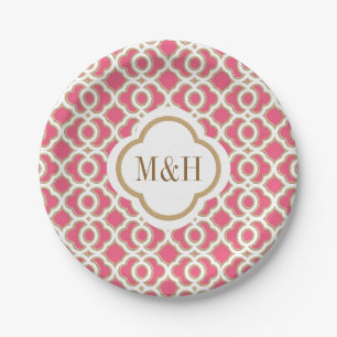 Prato De Papel Casamento Dourado marroquino Monogrammed, Rosa Que