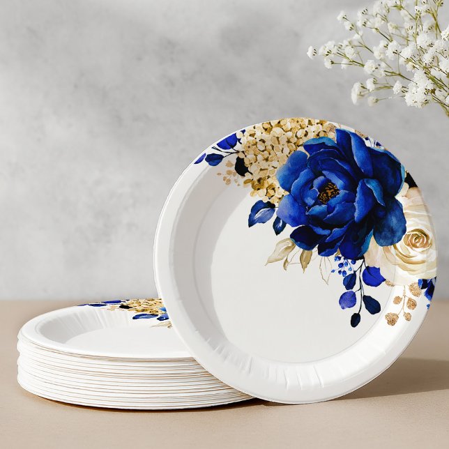 Prato De Papel Casamento Dourado Metálico Real Azul Amarelo (Royal Blue Yellow Gold Metallic Floral Wedding Paper Plates)