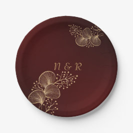 Prato De Papel Casamento Elegante com Florais em Borgonha e Doura