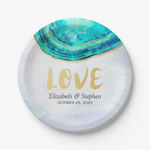 Prato De Papel Casamento Elegante De Aquarela Teal E Geodo Agate 