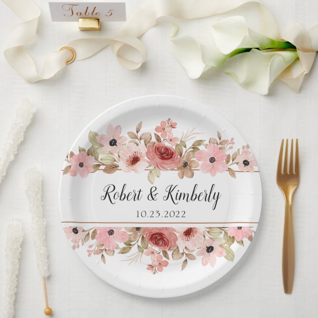 Prato De Papel Casamento Elegante de Flor Rosa ELLE (Casamento)